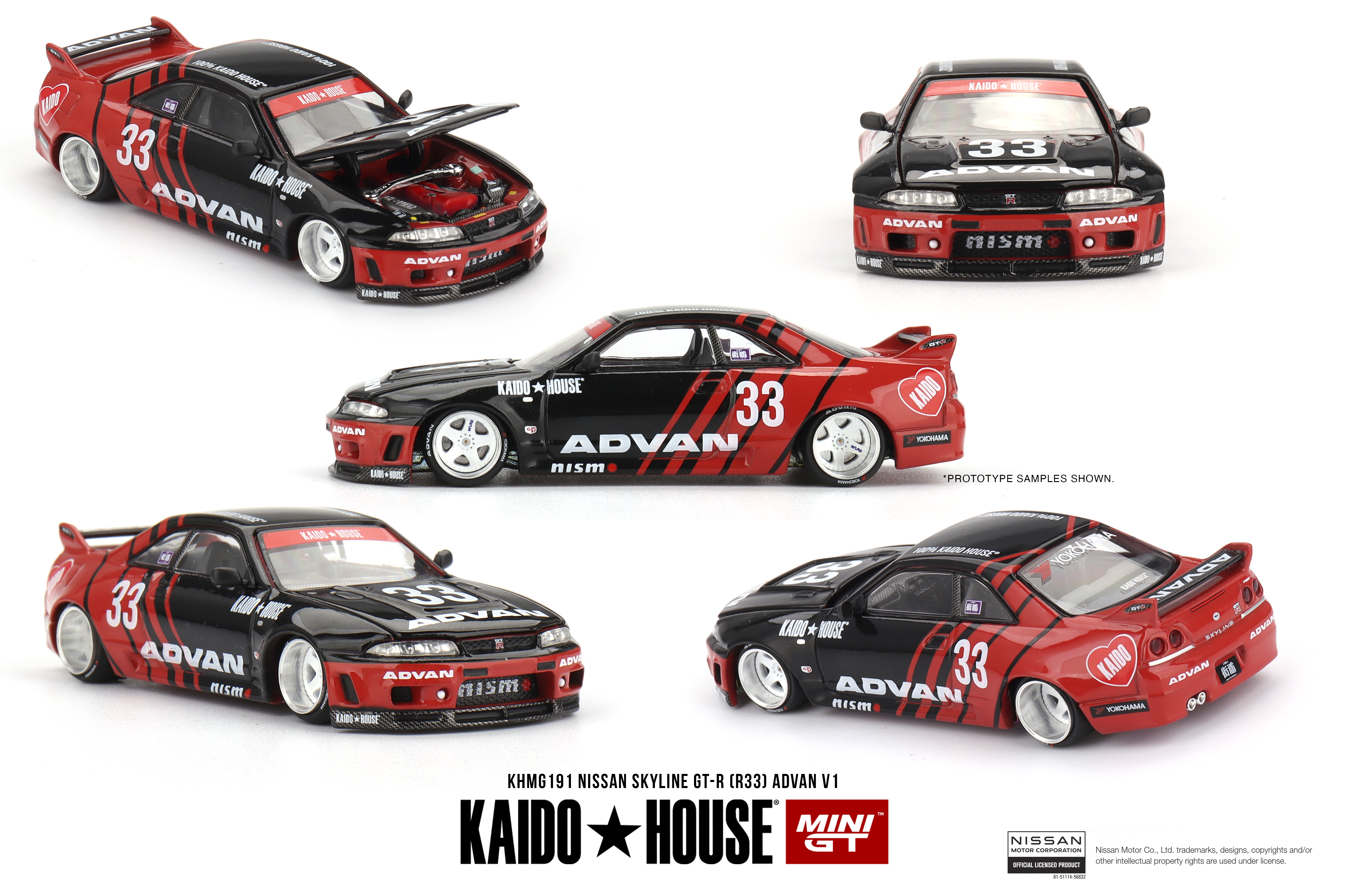 Mini GT Nissan Skyline GT-R (R33) Kaido Works *Advan*, Red/black 1:64