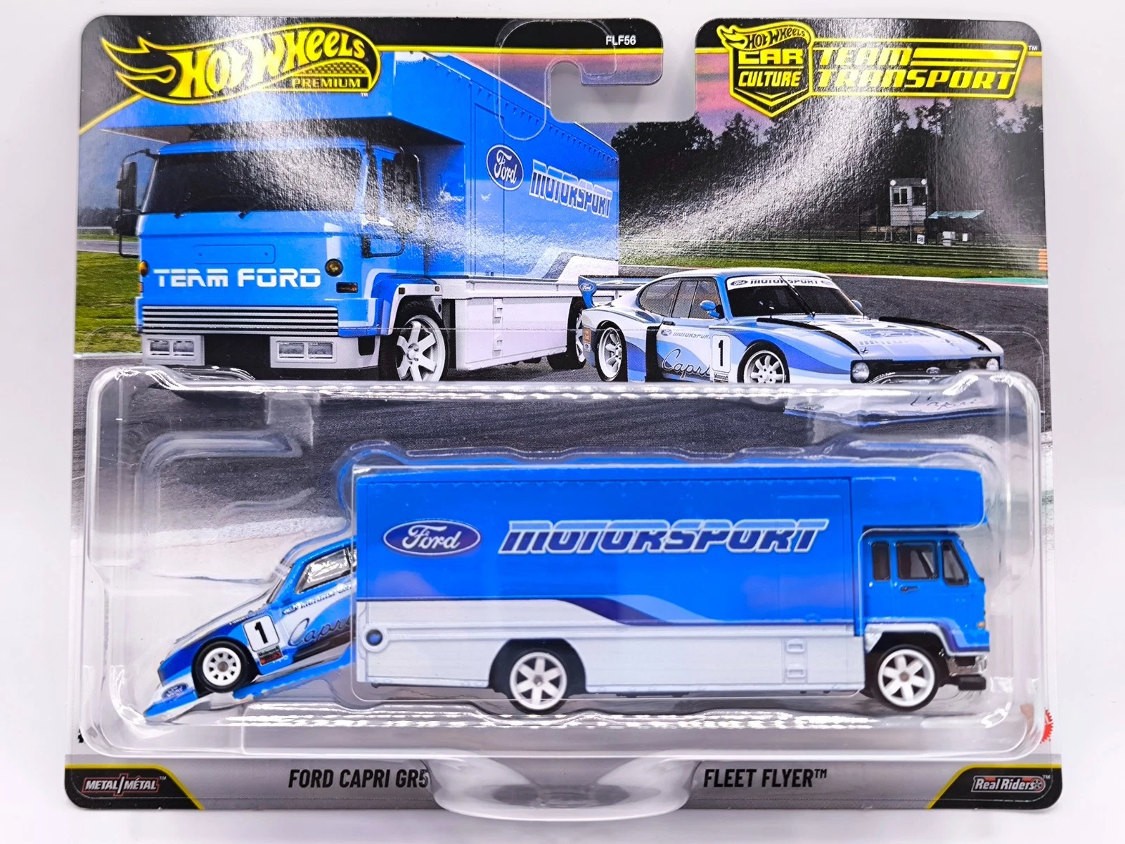 Hot Wheels JHX89 Ford Capri GP5 + Fleet Flyer, blue/white 1:64
