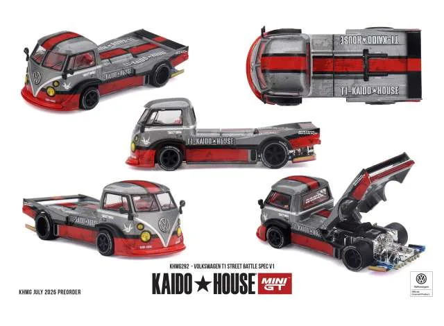 Mini GT 1972 Volkswagen T1 Pickup Street Battle Spec V1, grey/red 1:64