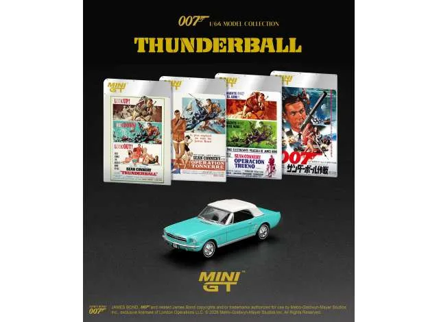 Mini GT 1965 Ford Mustang Convertible *Thunderball* Spanish Blister Packaging, turquois 1:64