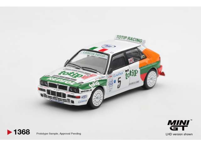 Mini GT 1993 Lancia Delta HF Integrale Avolution #5 Andrea Aghini RAlly Monte Carlo, white/green/orange 1:64