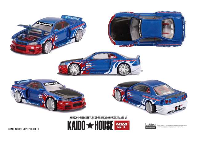 Mini GT 1999 Nissan Skyline GT-R (R34) Kaido House Flames V1, blue/red 1:64