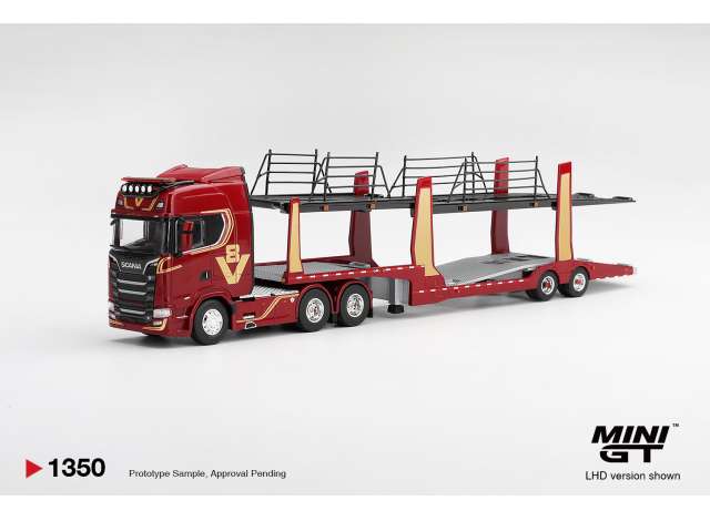 Mini GT Scania 770S A6x4NA Car Transporter V8 *50th Anniersary* with car transporter, red 1:64